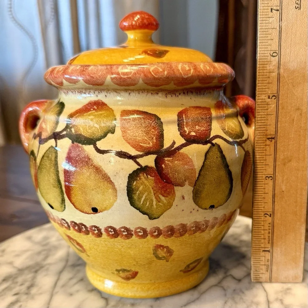 2pc VTG 90s Williams-Sonoma Tuscan Pear Kitchen Canister Set Hand Painted Italy